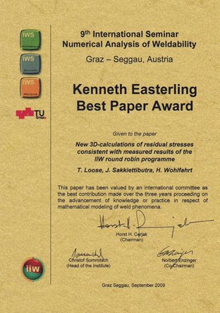 Kenneth Easterling Best Paper Award, Berechnung von Schweißeigenspannungen, Dr. Loose GmbH Tobias Loose, Jens Sakkietibutra, Helmut Wolfahrt
